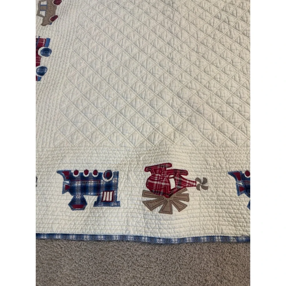 Bacati Collections Transportation Baby Quilt Blue Red Plaid Trains Cars Cream
